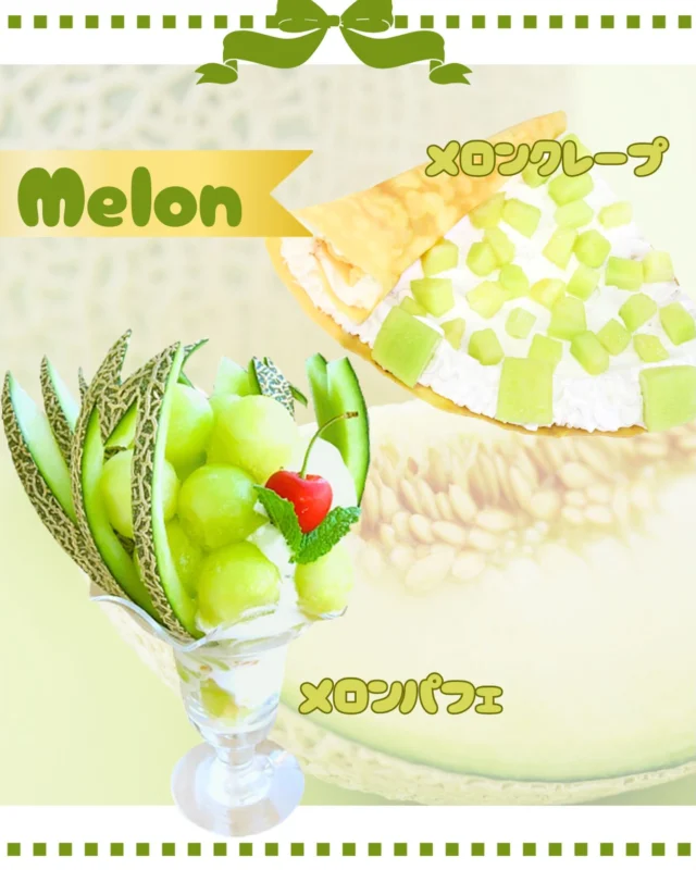 🍈メロン🍈
    メロンの旬は5月〜7月頃です
    今まさにすごくおいしい時期です😋
    メロンの効能
    ・むくみを解消する　カリウム
    ・コラーゲン生成を助ける　ビタミンC
    ・疲労回復に即効性のある　糖質
    ・腸の働きが元気になる　ペクチン
    を含んだ果物🍈です
    メロンにアイスクリームをのせる食べ方が
    生産者さんもおすすめされています
    パフェにはバニラアイスがのっております☺️
    クレープにトッピングでお好みのアイスをのせることもできます
    是非、ご賞味ください
    ＝＝＝＝＝＝＝＝＝＝＝＝＝＝＝＝＝＝
    【アオイ農園】
     営業時間︰9:00〜21:00
    【フルーツパーラー「ぶどうの木」】
     営業時間︰10:00〜20:00(ラストオーダー)
     〒594-0081 
      大阪府和泉市葛の葉町3丁目3-11
     （お車でお越しの際はカーナビを
      3丁目3-14でセット下さい。）
     JR北信太駅より  徒歩15分
      南海北助松駅より 徒歩20分
     定休日︰年中無休
      TEL☎︰0725-41-6955
    ＝＝＝＝＝＝＝＝＝＝＝＝＝＝＝＝＝＝＝＝
      #フルーツ #インスタ映え  #アオイ農園