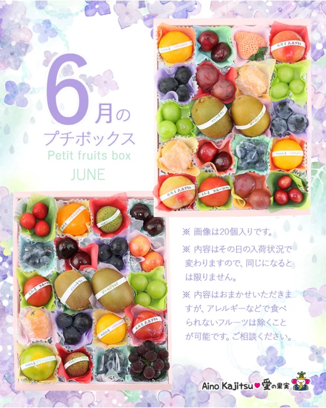 🍏🍑🍅6月のプチボックスです🥭🫐🥝🍎
    フルーツアドバイザーが目利きして選び抜いた果物を少しずつお詰めした大人気のプチボックス
    過去にお送りしたプチボックスの一例をご紹介します🍇
    中にお詰めするフルーツはその日の入荷状況によって異なりますのでもちろん季節によっても異なります
    贈り物にはもちろんご自宅で旬のフルーツをお楽しみいただくにもおすすめです🍒
    お店へはプロフィールのリンクからどうぞ♪
    @aino.kajitu
    -------------------------
    住所：〒594-0081
    大阪府和泉市葛の葉町3-3-11
    電話番号：0725-51-7586
    -------------------------
    #キウイ
    #ブルーベリー
    #ぶどう
    #さくらんぼ
    #トマト　
    #ライチ
    #びわ
    #プラム
    #みかん
    #いちご
    #おいしいものを食べよう
    #fruit
    #フルーツ大好き
    #フルーツギフト
    #季節の果物
    #フルーツボックス
    #フルーツバスケット
    #fruitlover
    #果物
    #果物大好き
    #フルーツ
    #アオイ農園
    #愛の果実
    #愛の果実楽天市場店
    #愛の果実Yahoo店