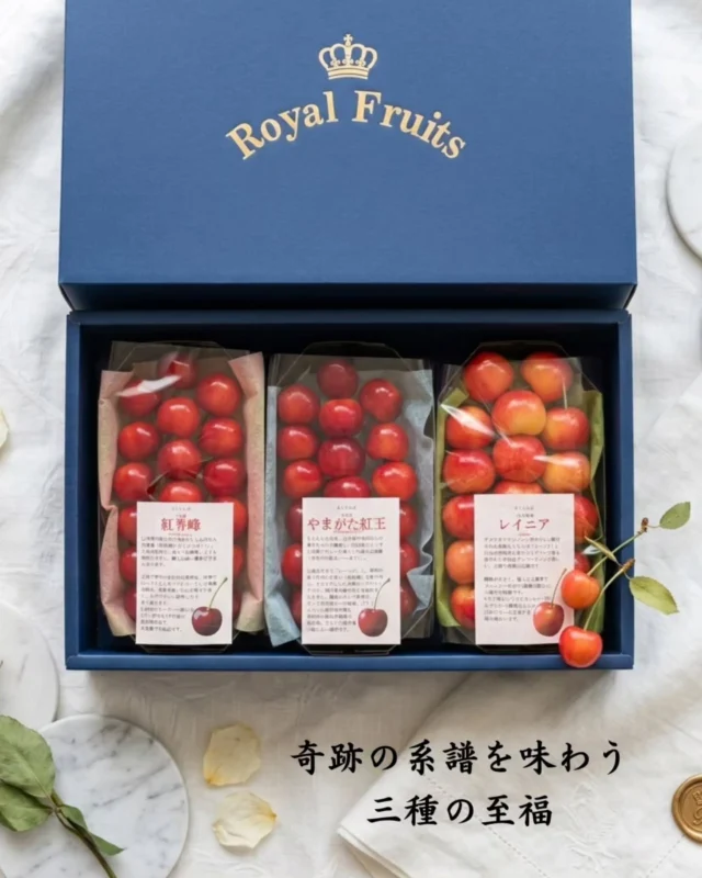 ​「奇跡の系譜を味わう、三種の至福」🍒
    ​山形の肥沃な大地と遥か遠いアメリカから届いた、まるで宝石のようなさくらんぼ。
    実はこの3つの品種、20年という長い歳月をかけて紡がれた、愛おしい「ひとつの家族の物語」で結ばれているのをご存知でしょうか。
    ​圧倒的な果肉を誇る女王「レーニア」と、濃厚な甘みを持つ王「紅秀峰」。
    この偉大な両親の愛を受け継ぎ、県を挙げた総力戦の末にやっと生まれた最愛の我が子、それが次世代の至宝「やまがた紅王」です。
    ​そんな「親から子へ」と受け継がれた奇跡の系譜を、より深く堪能するための“おすすめのお召し上がり順”がございます。
    ​一、まずは、凛々しく育った我が子から。
    山形産【やまがた紅王】
    両親の美徳だけを受け継いだ、ツヤ深く美しい大玉。酸味が少なく上品な甘みと、驚くほど引き締まった果肉の歯ごたえを、まず最初にお楽しみください。
    ​二、次に、優しく包み込む母の愛を。
    アメリカ産【レーニア】
    我が子の後は、親の偉大さへ。他を圧倒する分厚く豊かな果肉と、クリーミーで優しい乳白色の甘み。それは、我が子を優しく包み込む母の愛そのものです。
    ​三、最後に、すべてを包み込む父の情熱。
    山形産【紅秀峰】
    締めくくりは、すべてを魅了する「濃厚な甘み」を持つ父。最後に食べるからこそ、お口いっぱいに広がる力強く純粋な甘みの余韻に、いつまでも心地よく浸っていただけます。
    ​一粒ごとに込められた物語に思いを馳せながら、この夏だけの贅沢な食べ比べを心ゆくまでお楽しみください。
    ​大切な方への、最高のエールを込めた贈り物にも。
    販売期間が大変短い商品ですので、どうぞ、お気軽に店頭までお問い合わせ下さい。
    ​ーーーーーーーーーーーーーーーー
    (有)アオイ農園　ぶどうの木