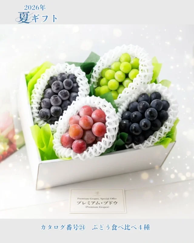 ​贅沢すぎる…！夏の涼を届ける至福のブドウ🍇✨
    ​本日ご紹介するのは、『アオイ農園 2026年夏ギフトカタログ』に掲載されている大注目の商品！
    大人気のブドウ4種を贅沢に詰め合わせた、スペシャルな「ブドウ食べ比べセット」です。
    ​箱を開けた瞬間にときめく、きらびやかなラインナップはこちら👇
    ○パリッと弾けるジューシーな甘さ シャインマスカット
    ○コク深く濃厚な味わいの 黒ブドウ
    ○華やかな香りと上品なコクの 赤ブドウ
    ​それぞれの個性がぎゅっと詰まっていて、ひとくちごとに感動が広がります。
    お世話になった方への夏のご挨拶にはもちろん、いつも頑張っている自分への贅沢なご褒美ギフトにもぴったりです🎁
    ​📢 【スムーズなご注文方法】
    こちらの商品をご希望の方は、店頭、お電話でのお問い合わせの際に
    📖 「夏ギフトカタログ番号 24番」
    とお伝えいただくと、とってもスムーズにご案内が可能です！
    ​この夏だけの特別な美味しさを、ぜひ大切な方と一緒に味わってくださいね✨
    皆さまからのお問い合わせ、心よりお待ちしております！
    ​ーーーーーーーーーーーーーーーー
    (有)アオイ農園　ぶどうの木
    大阪府和泉市葛の葉町3-3-11
    (お車などでナビゲーションシステムを利用される場合は、番地を3-3-14でセットしてください。)
    TEL:0725-41-6955
    営業時間
    アオイ農園　9:00〜21:00
    ぶどうの木　10:00〜20:00
    Lumiere du ciel  10:00〜21:00
    ーーーーーーーーーーーーーーーー
    #アオイ農園 
    #夏ギフト 
    #ブドウ食べ比べ
    #お取り寄せスイーツ 
    #贅沢ご褒美